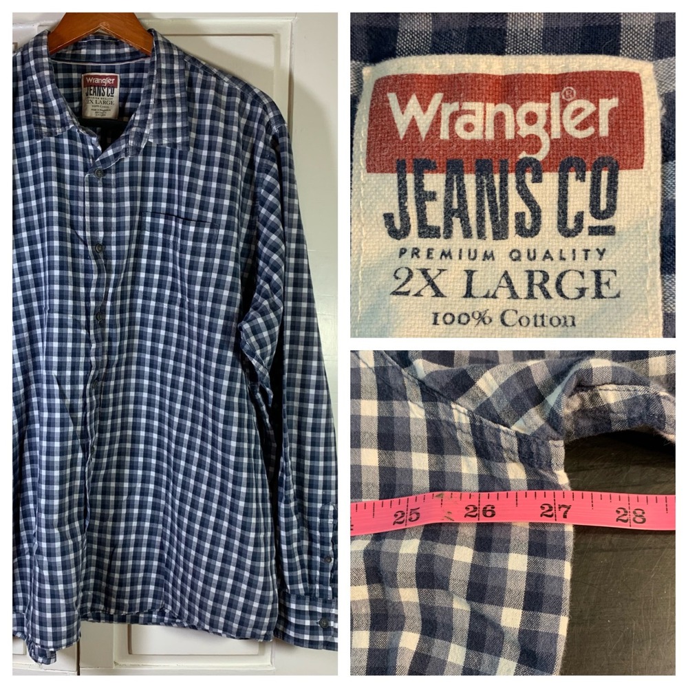 Wrangler Jeans Co Mens 2X‎ Large Long Sleeve Blue Gingham Cotton Button Up Shirt